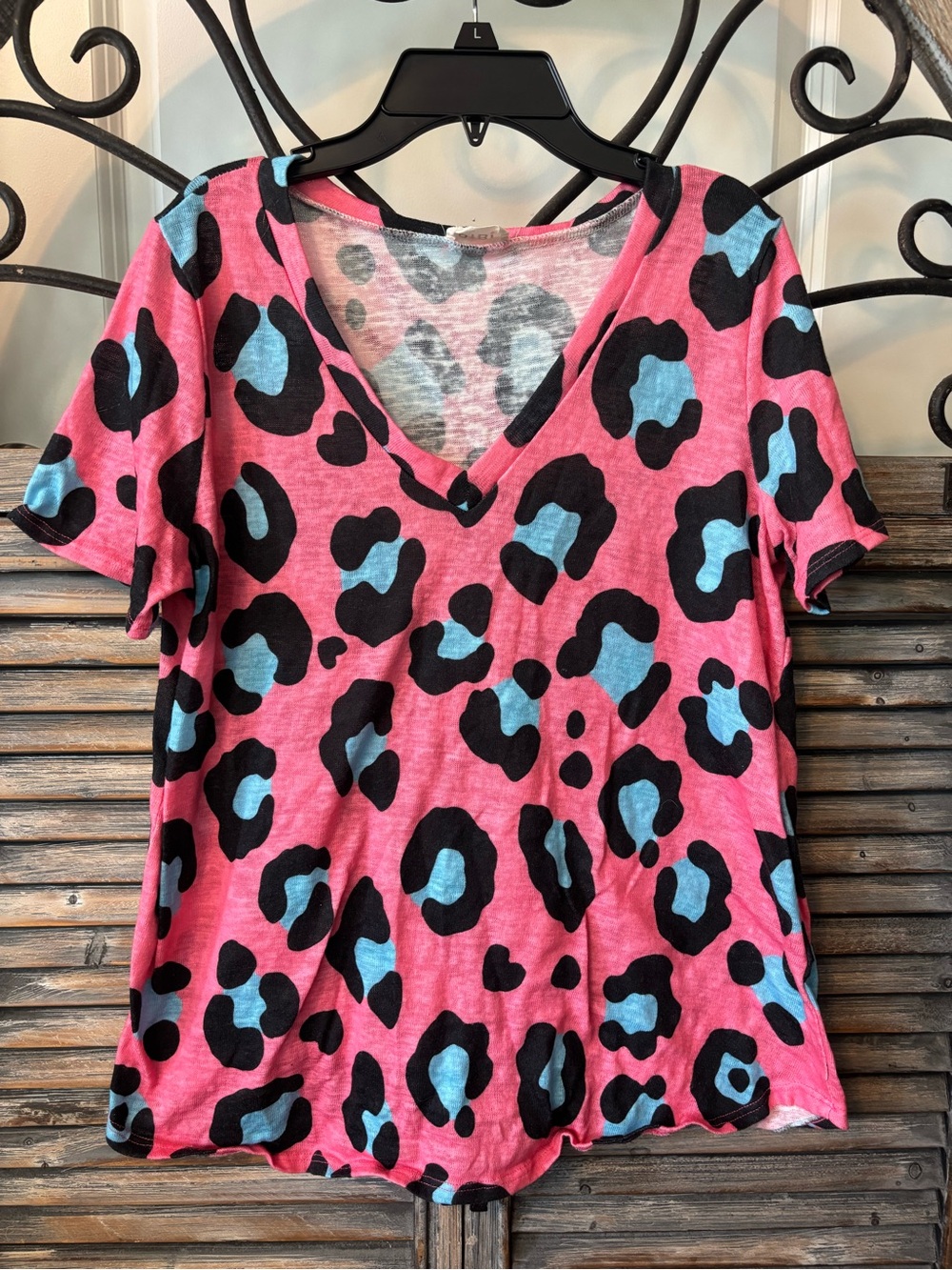 BiBi Pink Leopard V-Neck Tee with Blue Accents